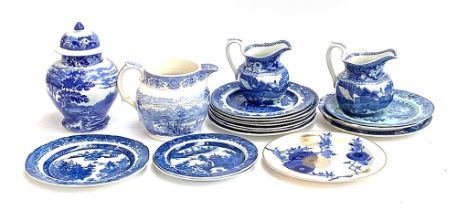 A quantity of 19th century blue and white ceramics to include Wedgwood Fallow Deer jugs, Leeds