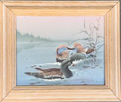 20th century oil on canvas, two ducks in water, 18.5x23.5cm, together with gouache on paper of a