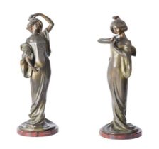 A pair of Art Nouveau spelter figures after Lucien Charles Alliot, Edelweiss, the maiden displayed