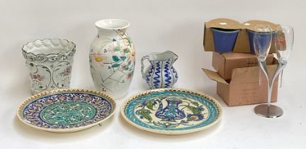 A mixed lot to include Portuguese majolica chargers; Moet et Chandon champagne glasses with stand;