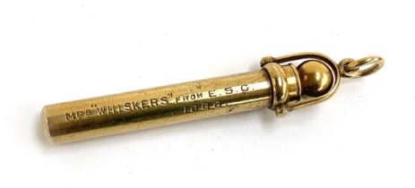 A Victorian Ortner & Houle gold cased mechanical pencil, engraved Mrs "Whiskers" From E.S.G 1888,