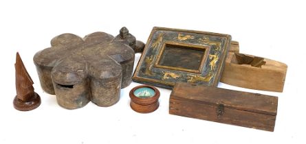 A mixed lot of wooden items to include a hardwood spice box, 29cmW, carved picture frame depicting