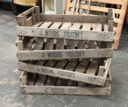 Four vintage slatted apple crates, each stamped J. Woods Fishtoft 1995, 76cmW