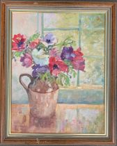 Sally Savory, 20th century still life of flowers in a flagon, oil on board, signed lower left,