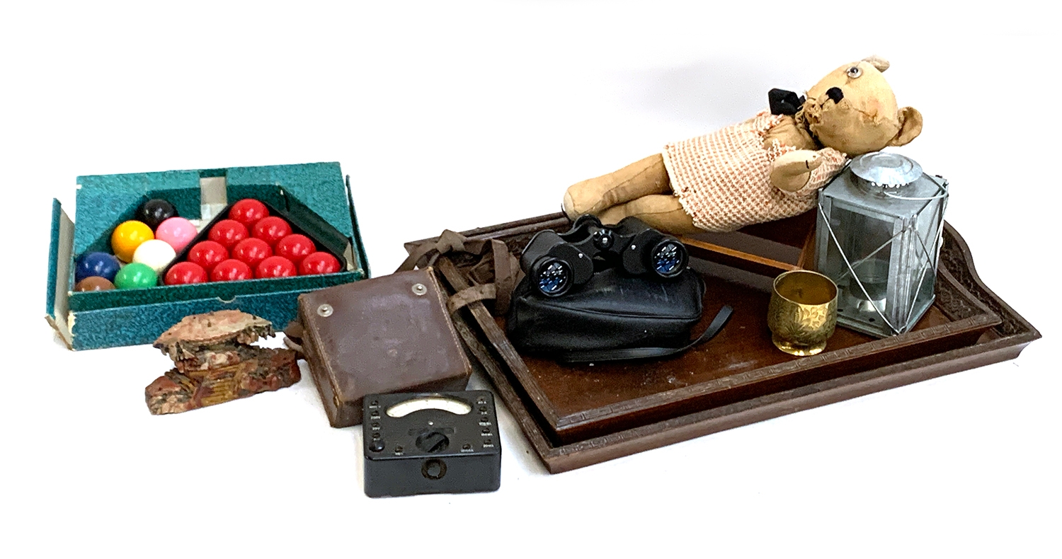 A mixed lot to include Chinese wooden trays; brass cup; Universal Avo Minor bakelite meter in