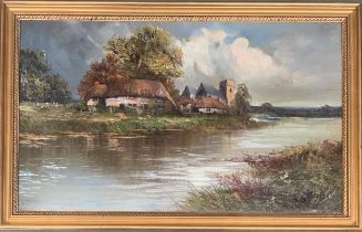 A 20th century oil on canvas, depicting a river with church and thatched houses, signed lower