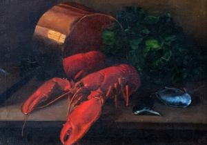 F Rowe, oil on canvas, still life of lobster, mussels, cabbage and a copper pan, bears newspaper