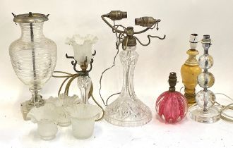 A mixed lot to include cut glass table lamps, mid century shaped bubble glass table lamp base,