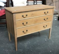 A pine chest of three drawers on square tapering legs, 91x45x74cmH