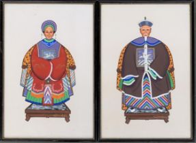 A pair of 20th century ancestor portrait paintings on fabric depicting Chinese officials wearing a