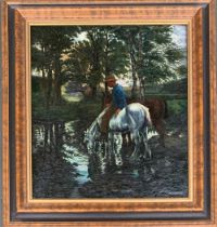 20th century oil on canvas, horses at water, 44x40cm