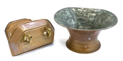 A large copper basin, 49cmW, together with a wall hung copper samavar/boiler, 53cmL