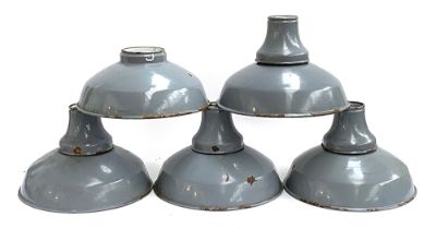 A set of five early 20th century grey enamel industrial lightshades, one missing bayonet fitting