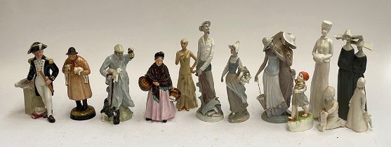 A collection of figures to include Royal Doulton "Shepherd', 'Lambing Time', 'Orange Lady'; Royal