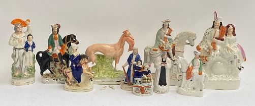 A lot of Staffordshire flatback figures to include Shylock, Wesley, Dick Turpin, greyhound (AF), the