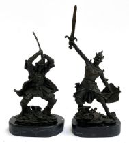 Two cast metal figures, one a samurai, the other a knight, the tallest 35.5cmH