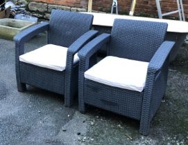 A pair of Keter garden chairs with cushions (cushions af)