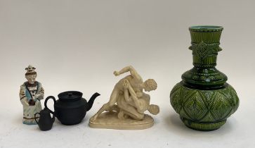 A tall green glazed vase; figure of two classical figures wrestling; Basalt miniature teapot etc