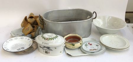 A mixed lot to include a galvanised pot with twin carry handles, dimple bottle, Apilco ceramics,