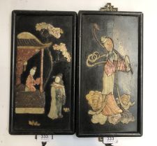 A pair of Chinese carved hard stone and black lacquered panels, each 32x17cm