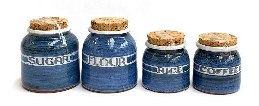 A set of four studio pottery storage jars comprising flour, coffee, sugar and rice, 15cmH to 11cmH