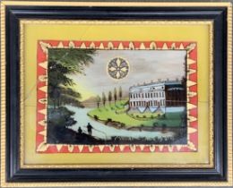 19th century naive reverse painting on glass depicting two fisherman observing a country house, (