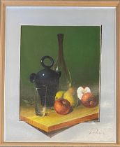 20th oil on canvas, still life with fruit, signed L Perrier, 60x50cm