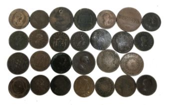 A quantity of coins and tokens to include Union Copper Company, Birmingham 1812 one penny token;