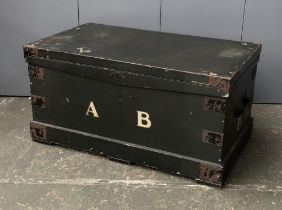 A dark green painted trunk with metal bracing, monogrammed A.B, 87x51x45cmH
