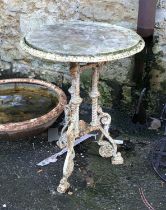 A cast iron garden table with circular marble top, 60cmDx75cmH (af)