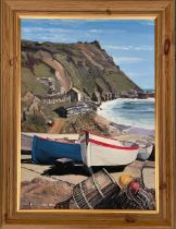 20th century oil on board, fishing boats in a Cornish cove, 56x39cm