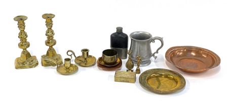A mixed lot of metal items to include brass snuff box, a pair of ejector candlesticks, hip flask,