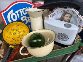 A mixed lot to include Polish enamel colander and strainer; silver plated dessert forks etc