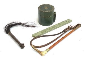 A gents hunting whip, with leather lash and thong, two sticks of sealing wax, a green morocco and