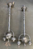 A pair of large chromed twin fitting ceiling lights, each approx 91cmL