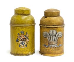 A pair of toleware canisters, both crested, one with fleur de lis and 'By Appointment', the other