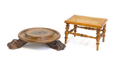 A miniature turned wood stool with caned seat, 27.5cmW; together with a pole firescreen footed base