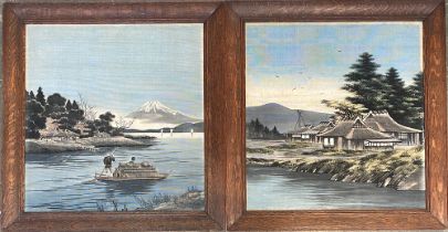 A pair of 20th century Japanese ink on fabric paintings, one depicting Mt. Fuji, each 56x53cm