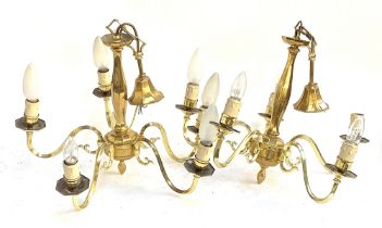 A pair of five arm gilt metal chandeliers, approx. 55cmW; together with one smaller five arm