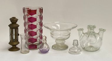 A mixed lot of glass to include vase; lantern with engraved glass (af) etc