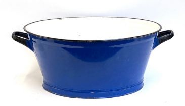 A very large blue enamel twin handled wash basin, 85cmW