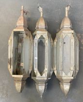 Three large hanging lanterns, some glass panels missing, approx 100cmH