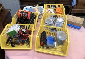 Six plastic containers of various tools and fixings, clamps etc