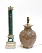 A mirrored Art Deco style column table lamp, 49cmH; together with a ceramic faux marble table