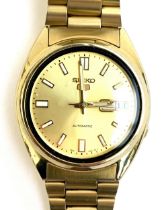 Seiko 5 Automatic gold plated stainless Steel Mens Watch model no. 7S26-0480 with gold dial, 3mm