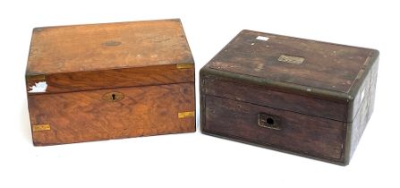 A rosewood and brass inlaid jewellery box (af), together with a mahogany writing slope (af), 28cmW