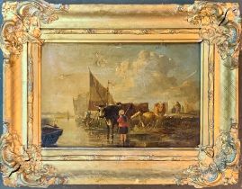 19th century, oil on board, a Dutch estuary scene with a young boy and cows, in an ornate gilt gesso