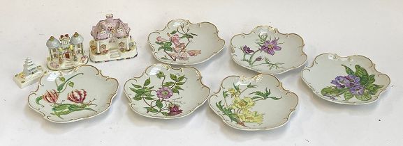 Three coalport cottages together with six hand painted floral cabinet plates by Juliette