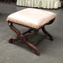 A mahogany cross framed stool with upholstered seat, 50x48x45cmH