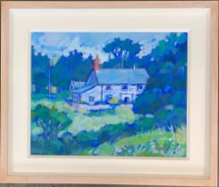 Barbara Green, 'Barbara's House', study of a house in blue, oil on board, signed, 39.5x49.5cm